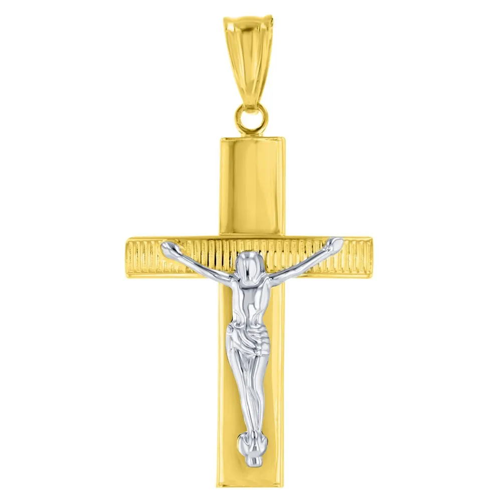 14K Two-Tone Gold Roman Catholic Cross Crucifix with Jesus Christ Pendant Necklace