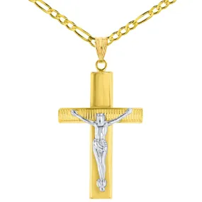 14K Two-Tone Gold Roman Catholic Cross Crucifix with Jesus Christ Pendant Necklace