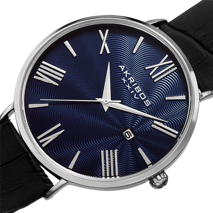 Akribos Xxiv Waves Blue Dial Black Leather Men's Watch AK1041SSBU