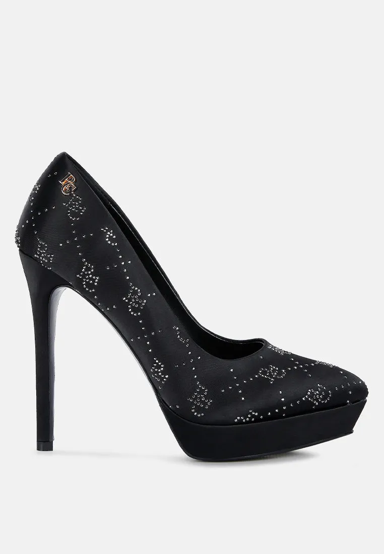 BALLARD Black Monogram Satin Stiletto Pumps