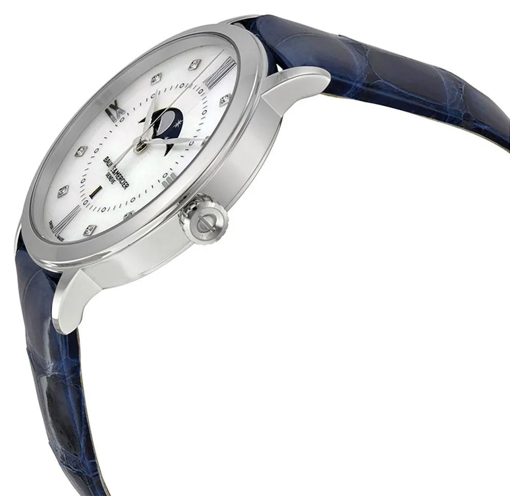 Baume & Mercier Classima Mother-Of-Pearl Dial Diamonds Blue Leather Strap Moonphase Date Quartz Womens Watch MOA10226