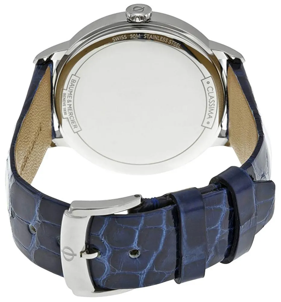 Baume & Mercier Classima Mother-Of-Pearl Dial Diamonds Blue Leather Strap Moonphase Date Quartz Womens Watch MOA10226