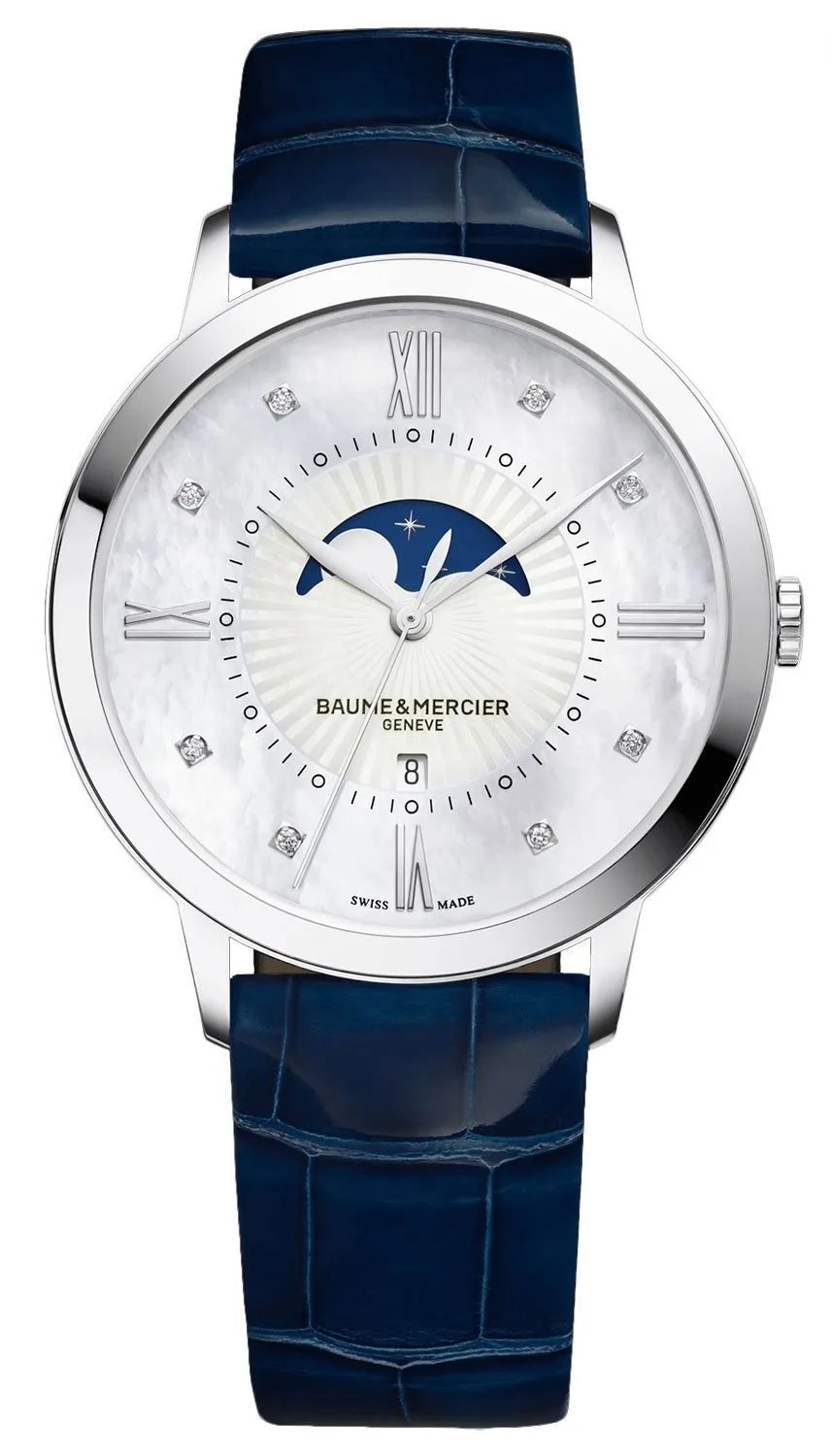 Baume & Mercier Classima Mother-Of-Pearl Dial Diamonds Blue Leather Strap Moonphase Date Quartz Womens Watch MOA10226