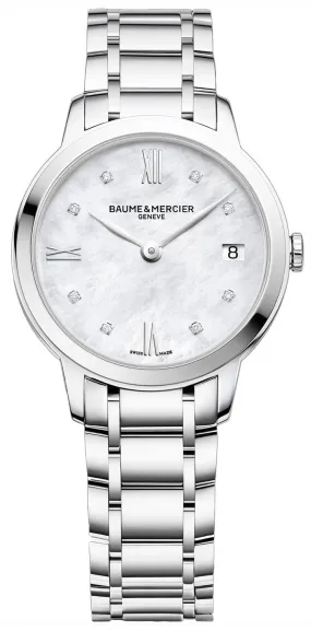 Baume & Mercier Classima Stainless Steel Mother-of-Pearl Dial Diamonds Date Quartz Womens Watch MOA10326