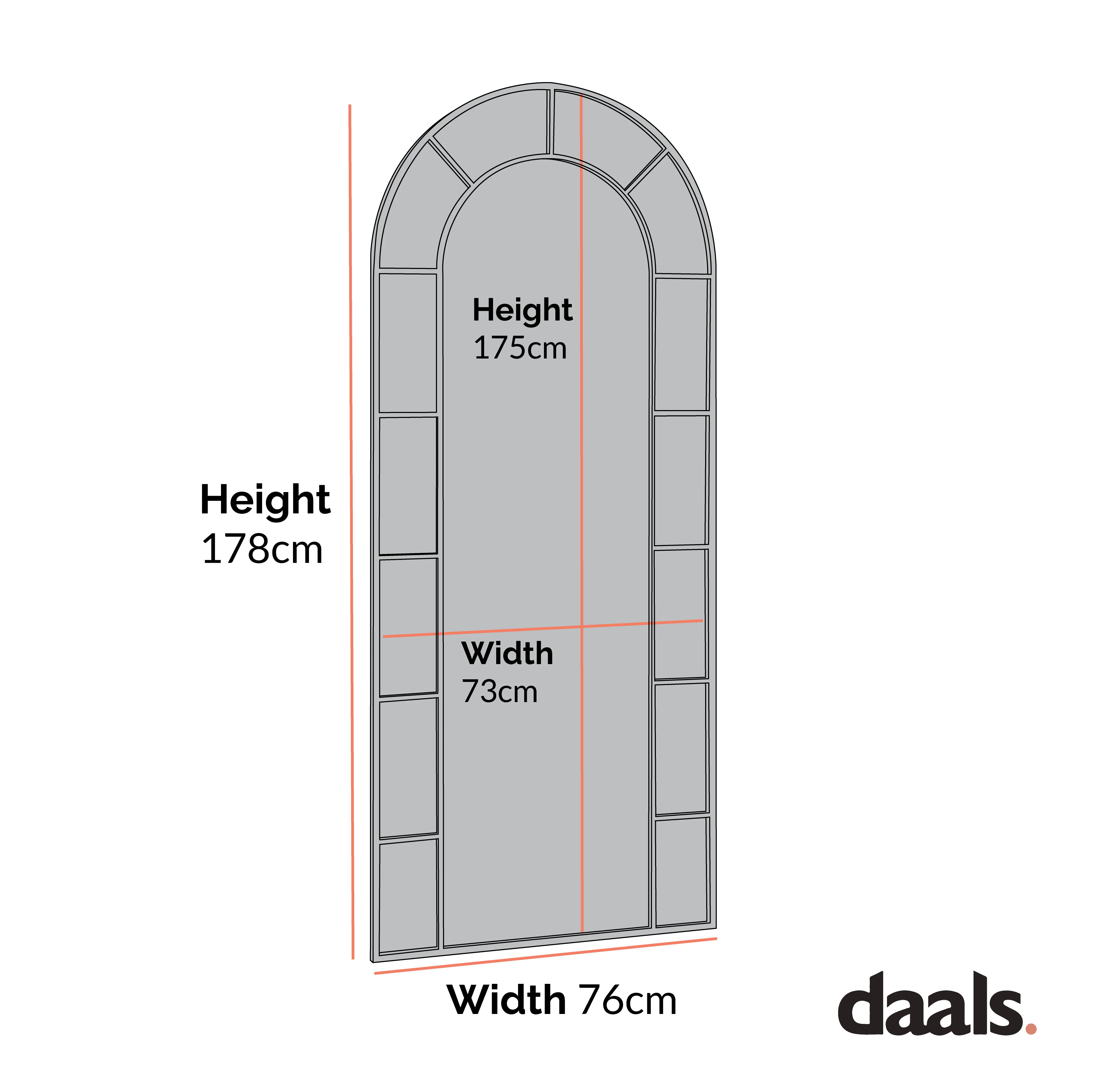 Beaumont Arched Full Lenth Metal Frame Mirror 178 x 76 cm, Black