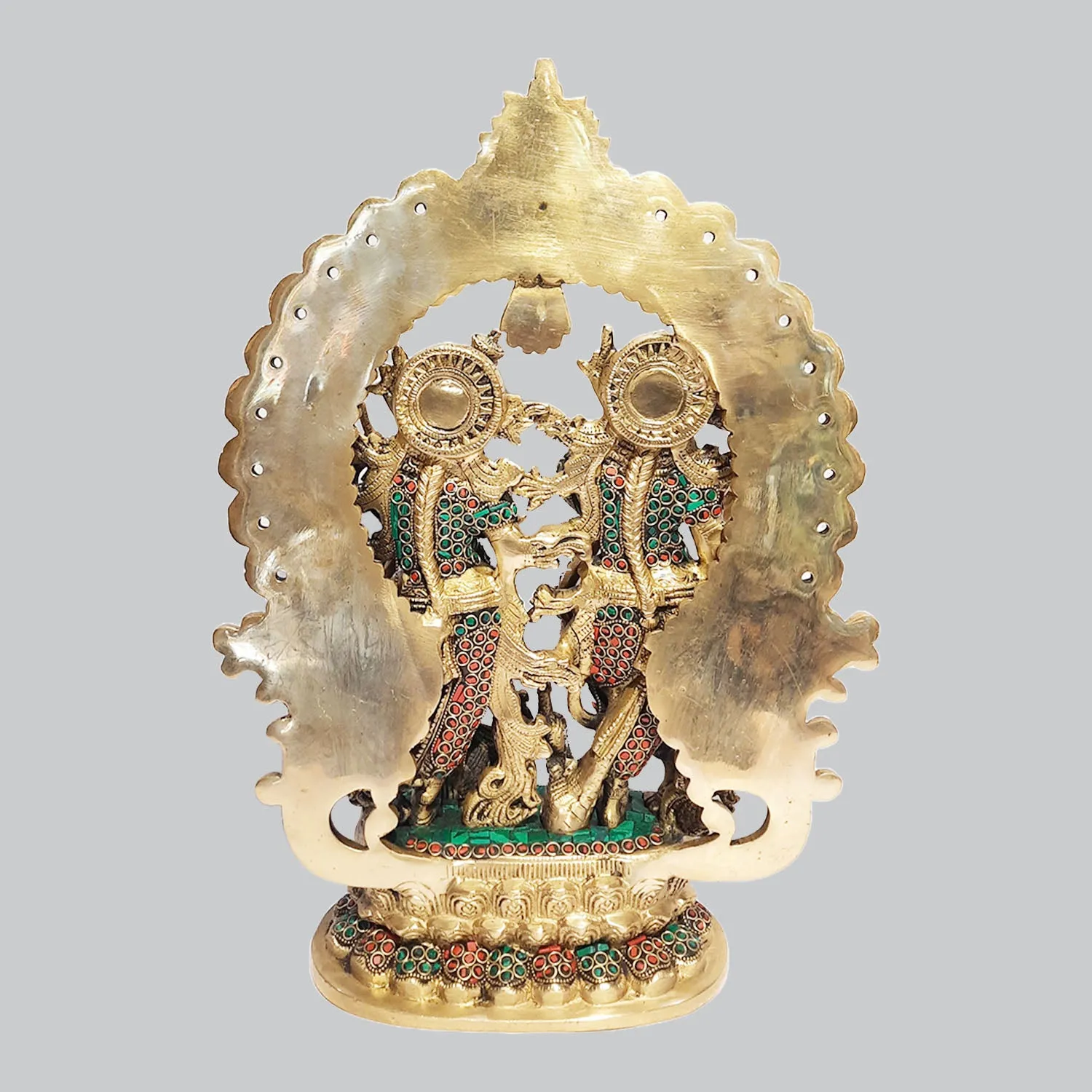 Brass Radha Krishna Standing with Arch Ring Stonework 16 in