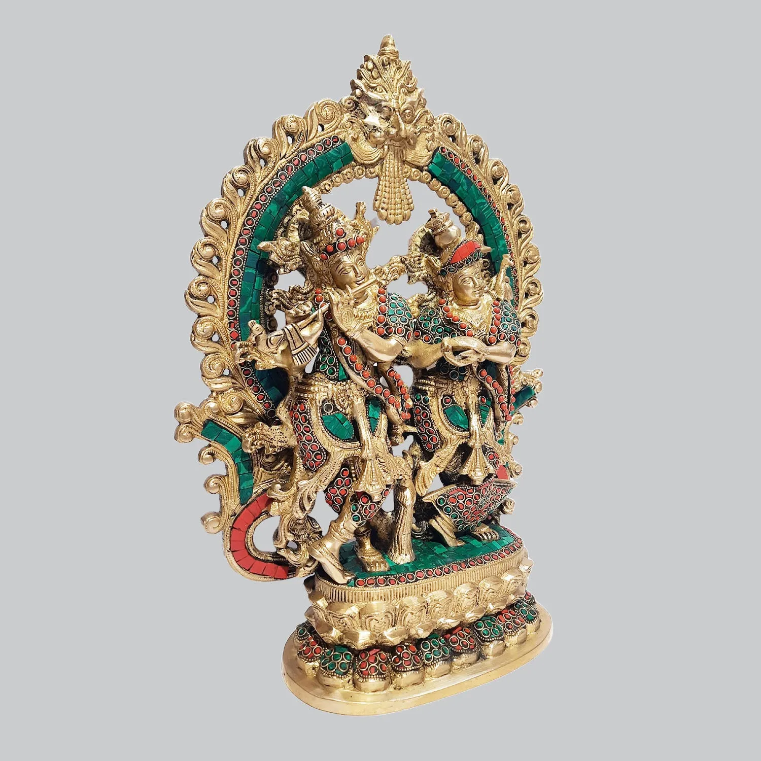 Brass Radha Krishna Standing with Arch Ring Stonework 16 in