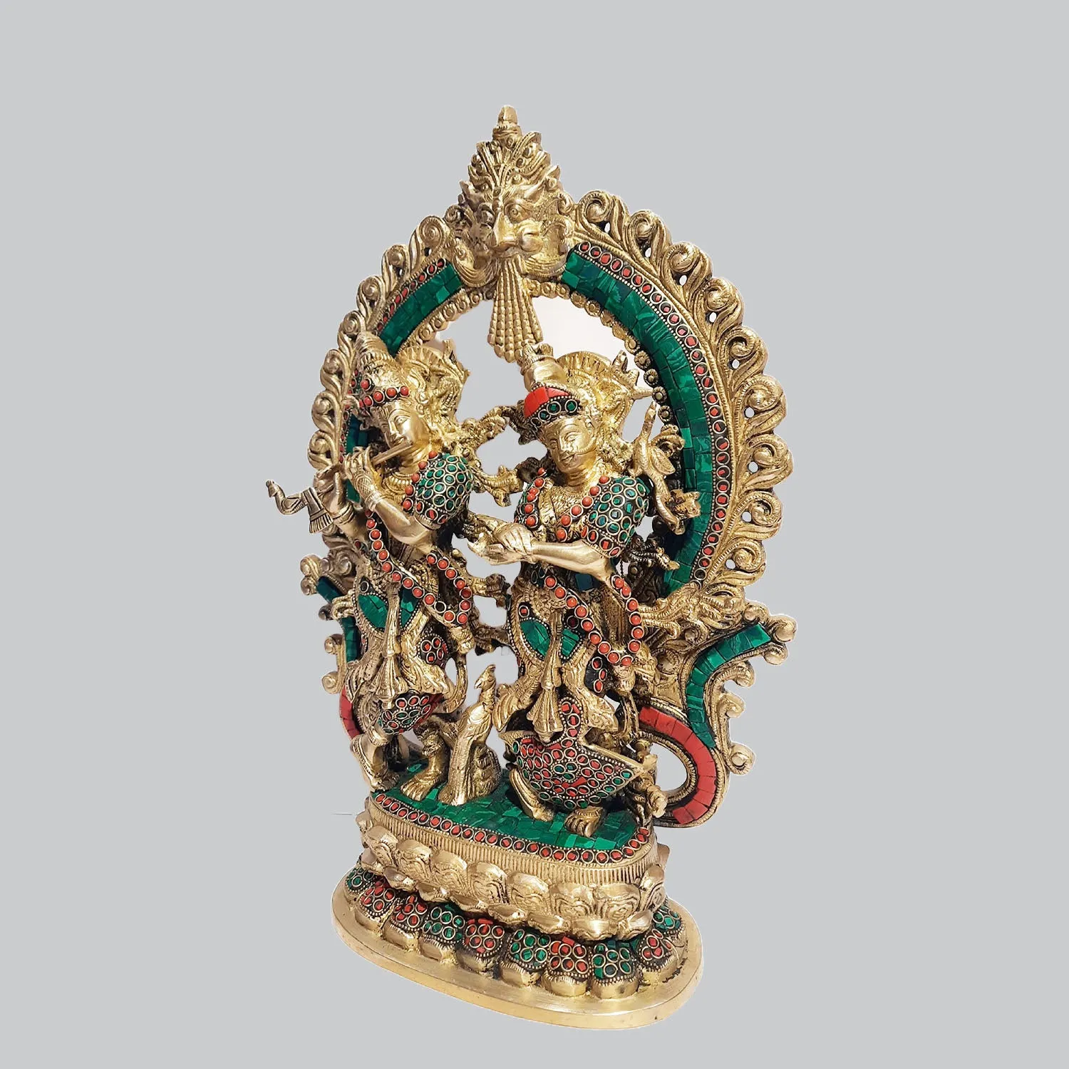 Brass Radha Krishna Standing with Arch Ring Stonework 16 in