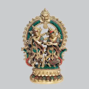 Brass Radha Krishna Standing with Arch Ring Stonework 16 in