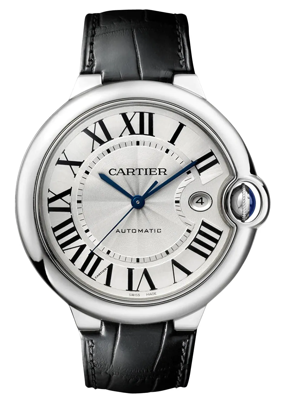 Cartier Ballon Bleu Automatic Stainless Steel Silver-Tone Dial Black Leather Strap Date Mens Watch W69016Z4