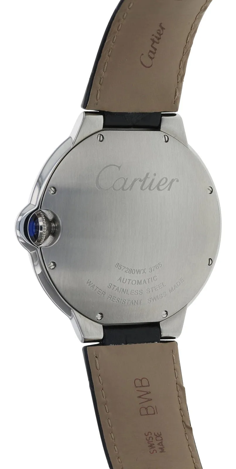 Cartier Ballon Bleu Automatic Stainless Steel Silver-Tone Dial Black Leather Strap Date Mens Watch W69016Z4