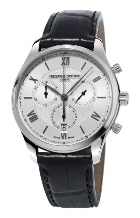 Frederique Constant Classics Chronograph Silver Dial Black Leather Strap Quartz Mens Watch FC-292MS5B6