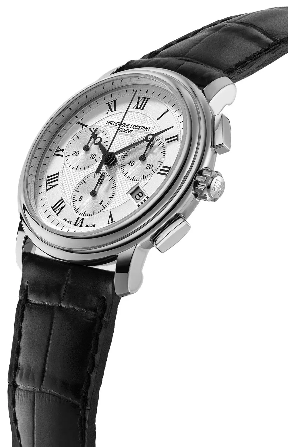 Frederique Constant Persuasion Quartz Chronograph Stainless Steel Silver Dial Black Leather Strap Date Mens Watch FC-292MC4P6