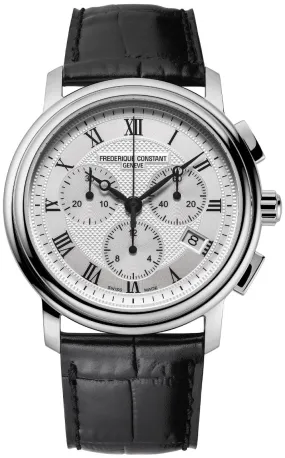 Frederique Constant Persuasion Quartz Chronograph Stainless Steel Silver Dial Black Leather Strap Date Mens Watch FC-292MC4P6