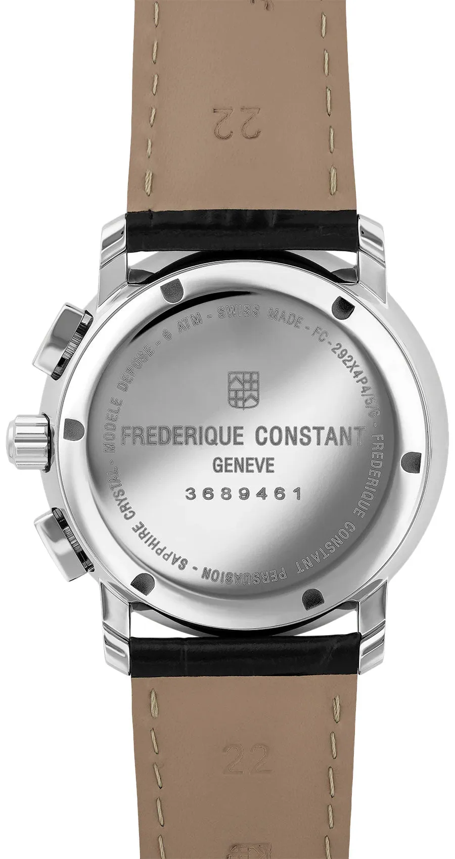 Frederique Constant Persuasion Quartz Chronograph Stainless Steel Silver Dial Black Leather Strap Date Mens Watch FC-292MC4P6