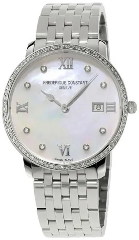 Frederique Constant Slimline Stainless Steel Mother-of-Pearl Dial Diamonds Date Quartz Womens Watch FC-220MPWD3SD6B