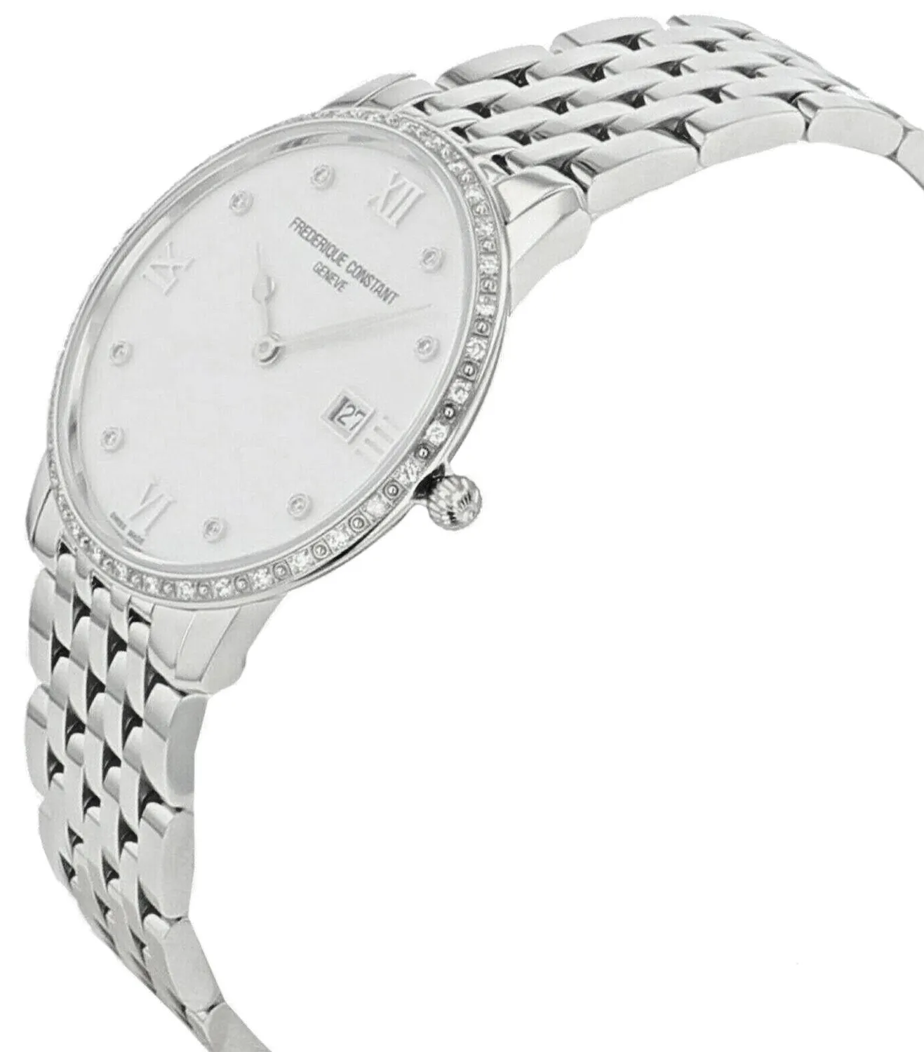 Frederique Constant Slimline Stainless Steel Mother-of-Pearl Dial Diamonds Date Quartz Womens Watch FC-220MPWD3SD6B