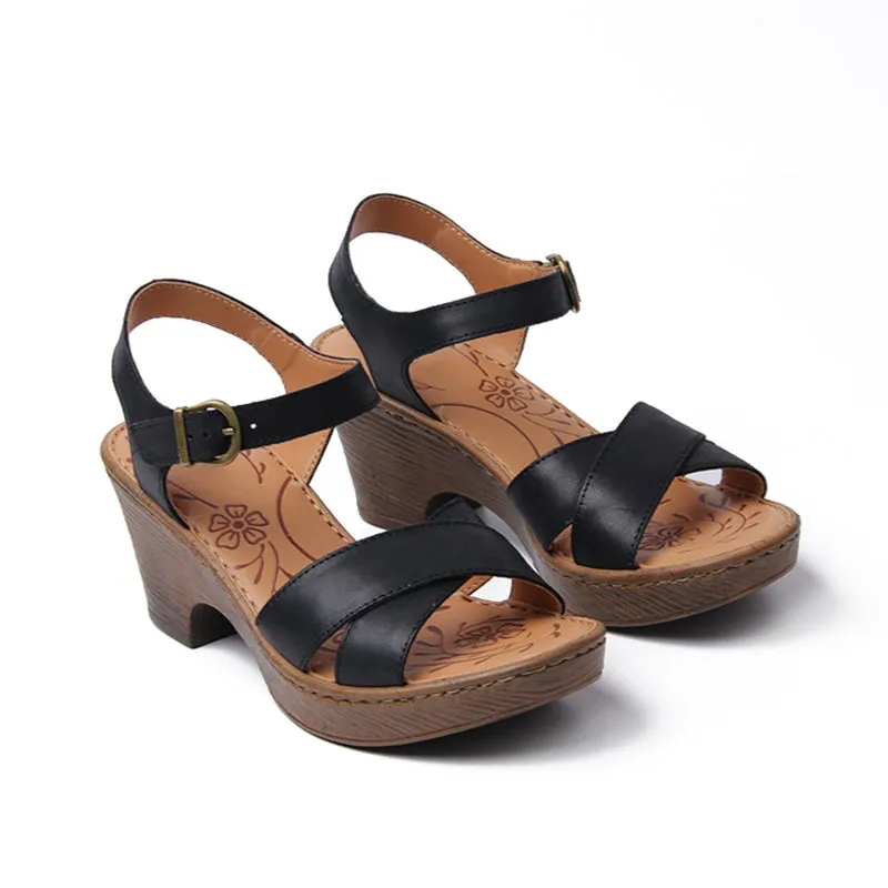 Handmade Leather X strap Sandals Open Toe Clog Sandals in Black/Khaki