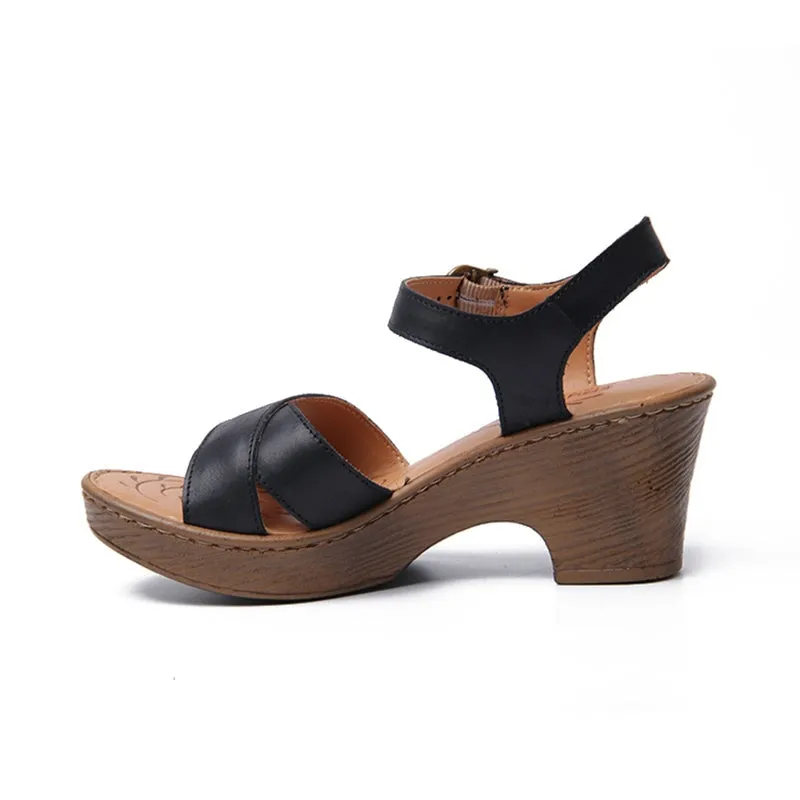 Handmade Leather X strap Sandals Open Toe Clog Sandals in Black/Khaki