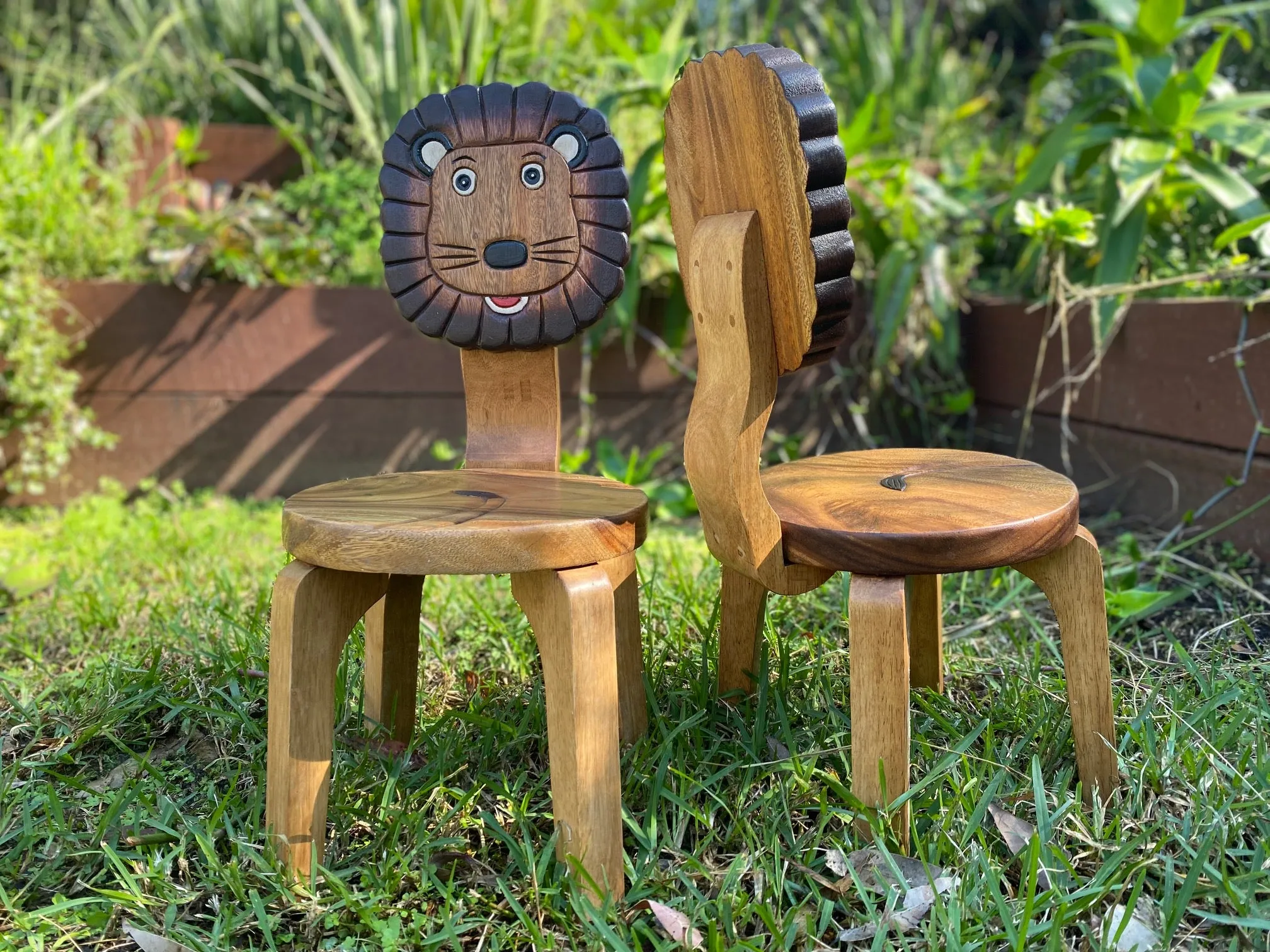 Kids Wooden Table   2 Chairs Set Lion Design Carved Timber Children Furniture