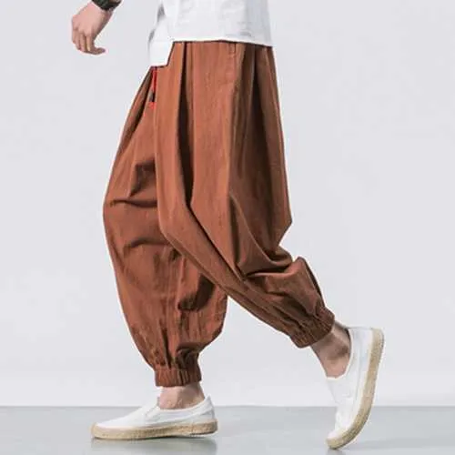 Men Cotton Loose Comfy Baggy Vintage Drawstring Jogger Casual Harem Pants