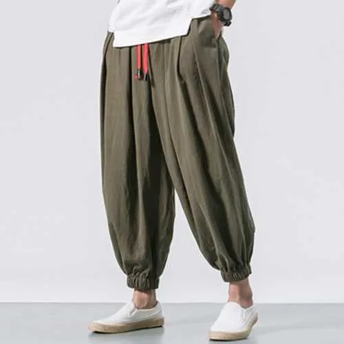 Men Cotton Loose Comfy Baggy Vintage Drawstring Jogger Casual Harem Pants