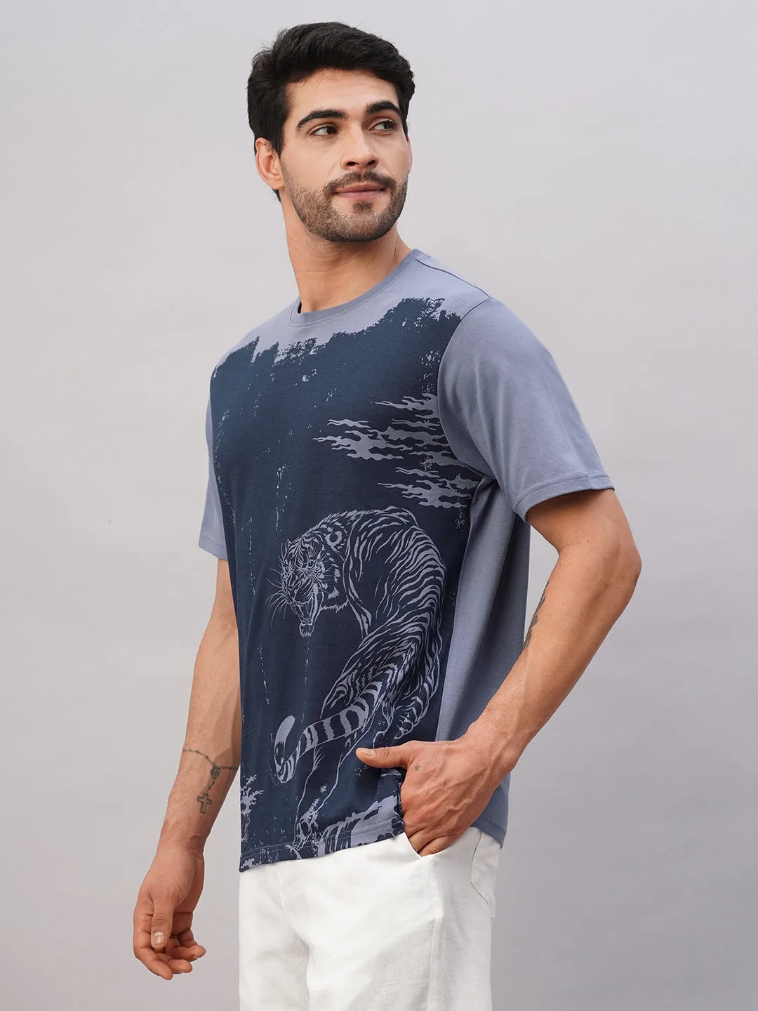 Men's Blue Cotton Regular Fit Tshirt