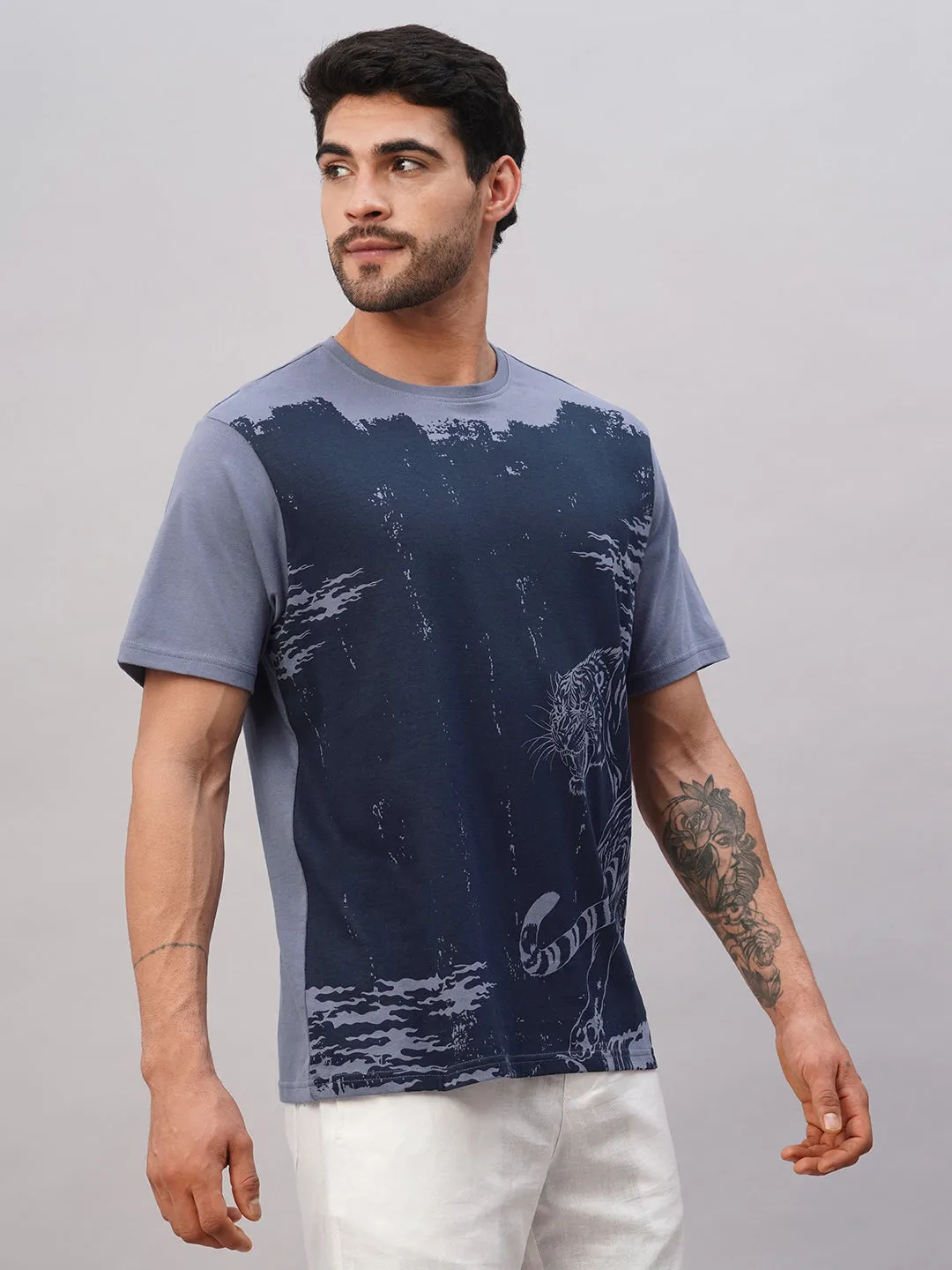 Men's Blue Cotton Regular Fit Tshirt