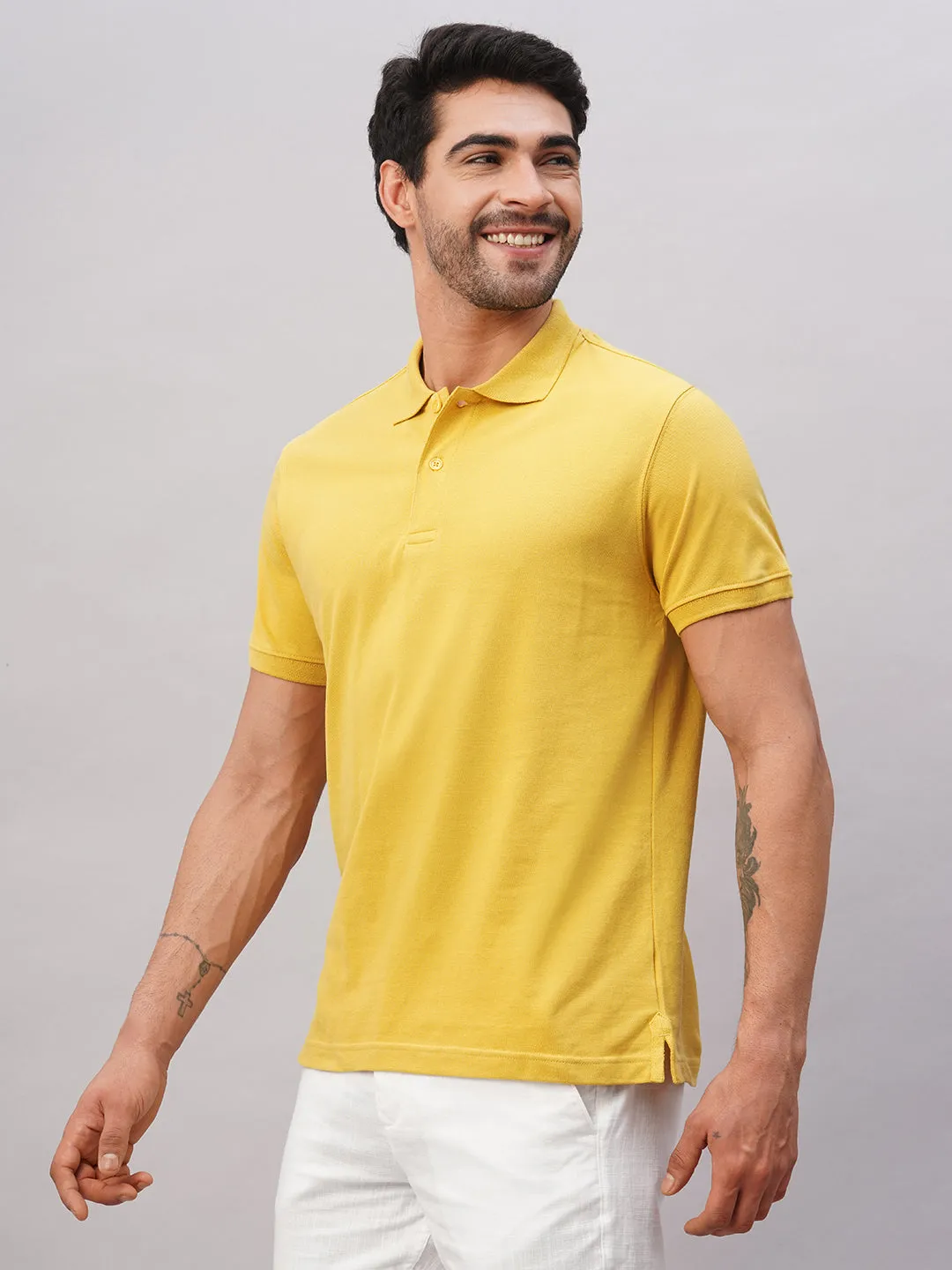 Men's Mustard Cotton Regular Fit Tshirt