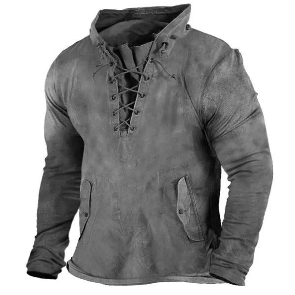 Men's Vintage Outdoor Tactical Lace-Up Hooded T-Shirt | UFY8