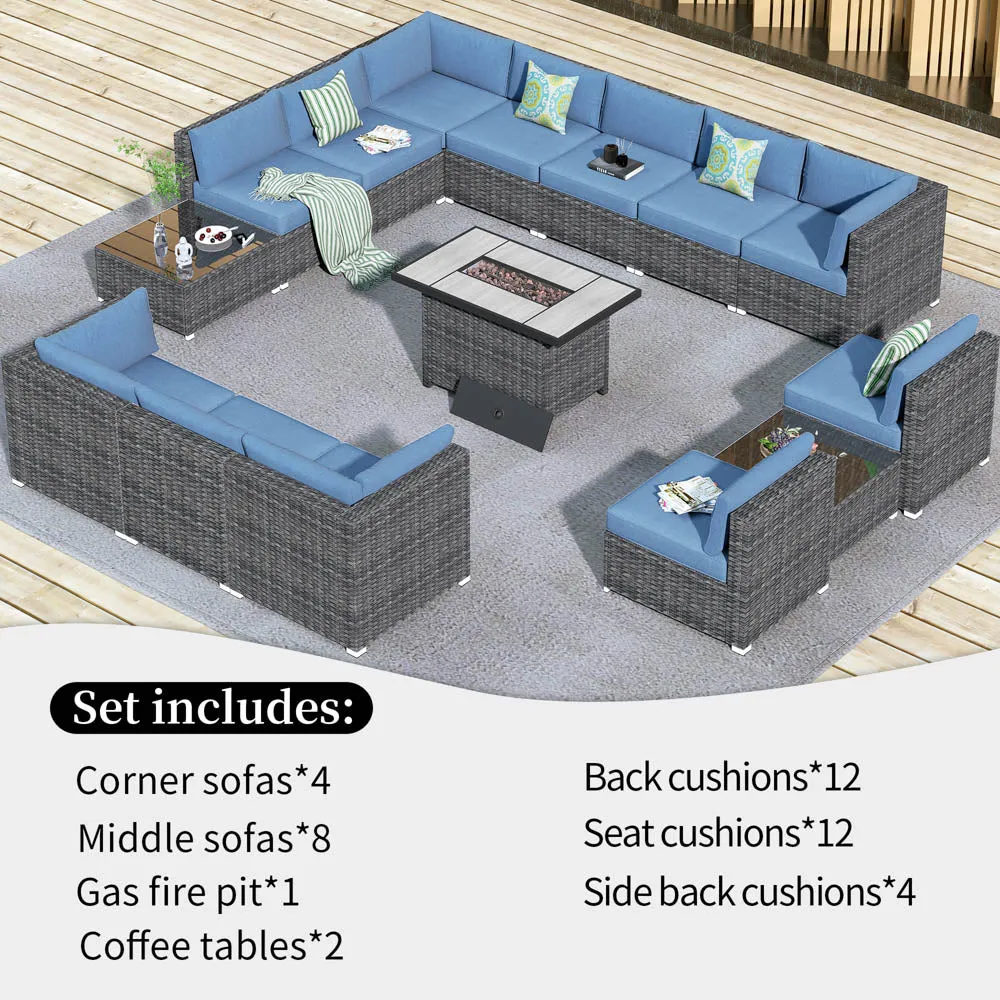 Ovios Patio Furniture Set 15-Piece with 42.12’’ Fire Pit and Glass Table