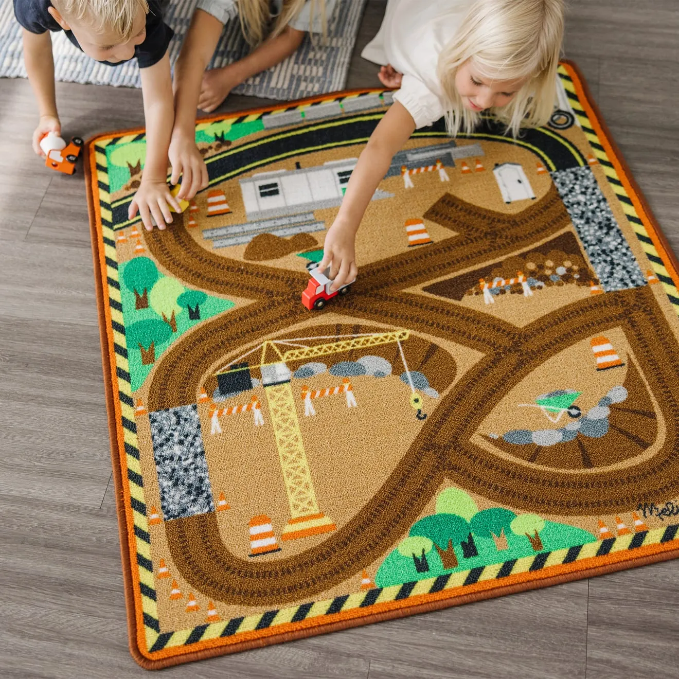 Round the Construction Zone Work Site Rug & Vehicle Set