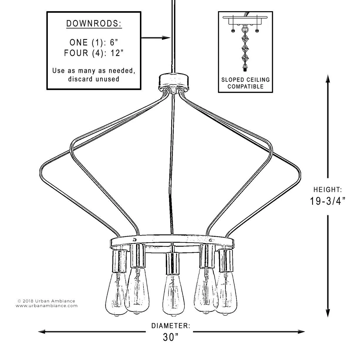 UHP2492 Mid-Century Modern Industrial Chandelier, 19-3/4"H x 30"W, Olde Bronze Finish, Palma Collection